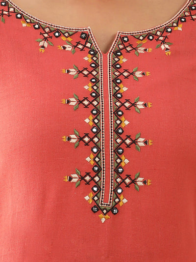 Geometric Embroidered Yoke Kurta Set With Kalamkari Dupatta Peach Black