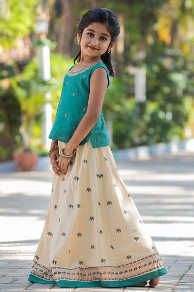 All Over Butta Embroidered Sleeveless Top & Elephant Motif Printed Skirt Set - Blue & Beige