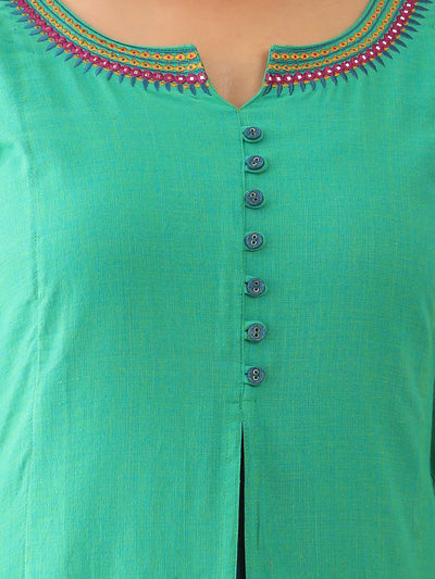 Jewelled Embroidered With Contrast Front Slit Kurta Green