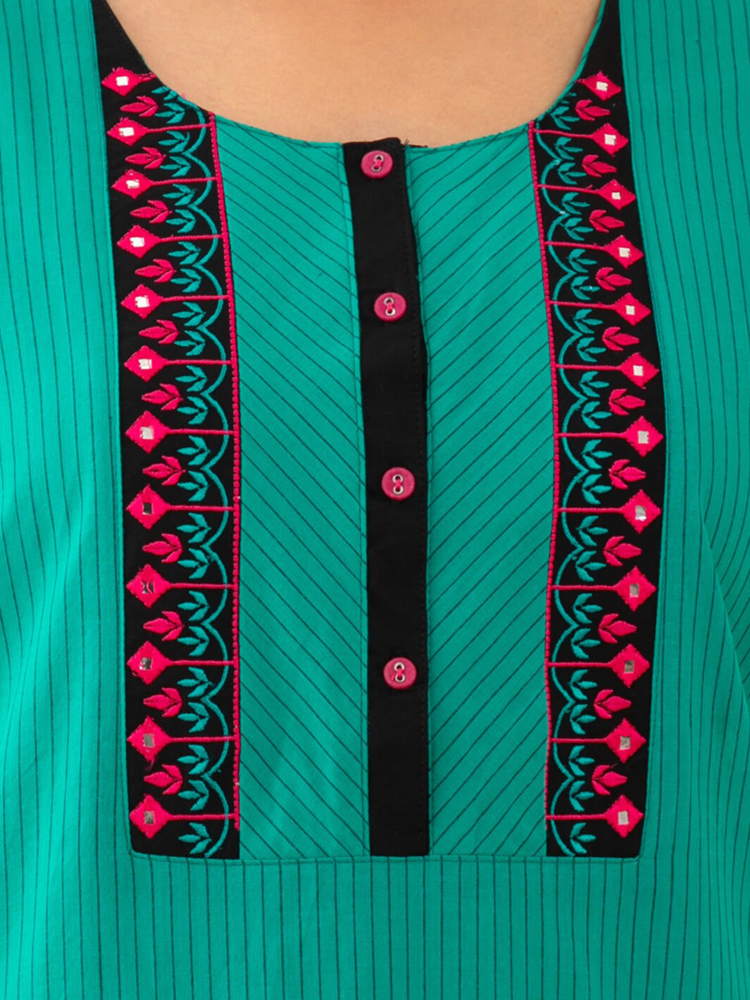 All Over Striped & Geometric Embroidered Yoke Nighty - Green