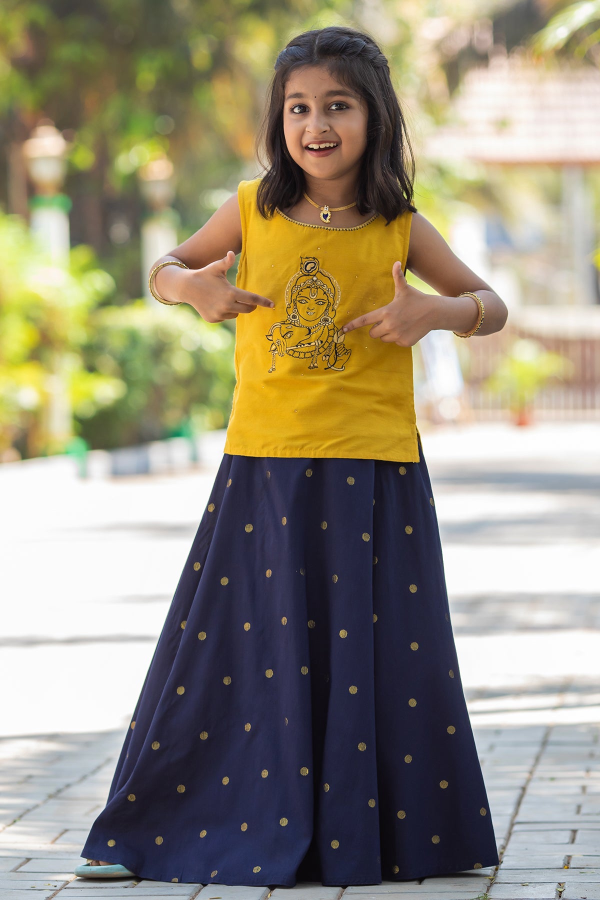 Figure Motif Placement Embroidered Sleeveless Top & Contrast Butta Printed Skirt Set -  Yellow & Navy