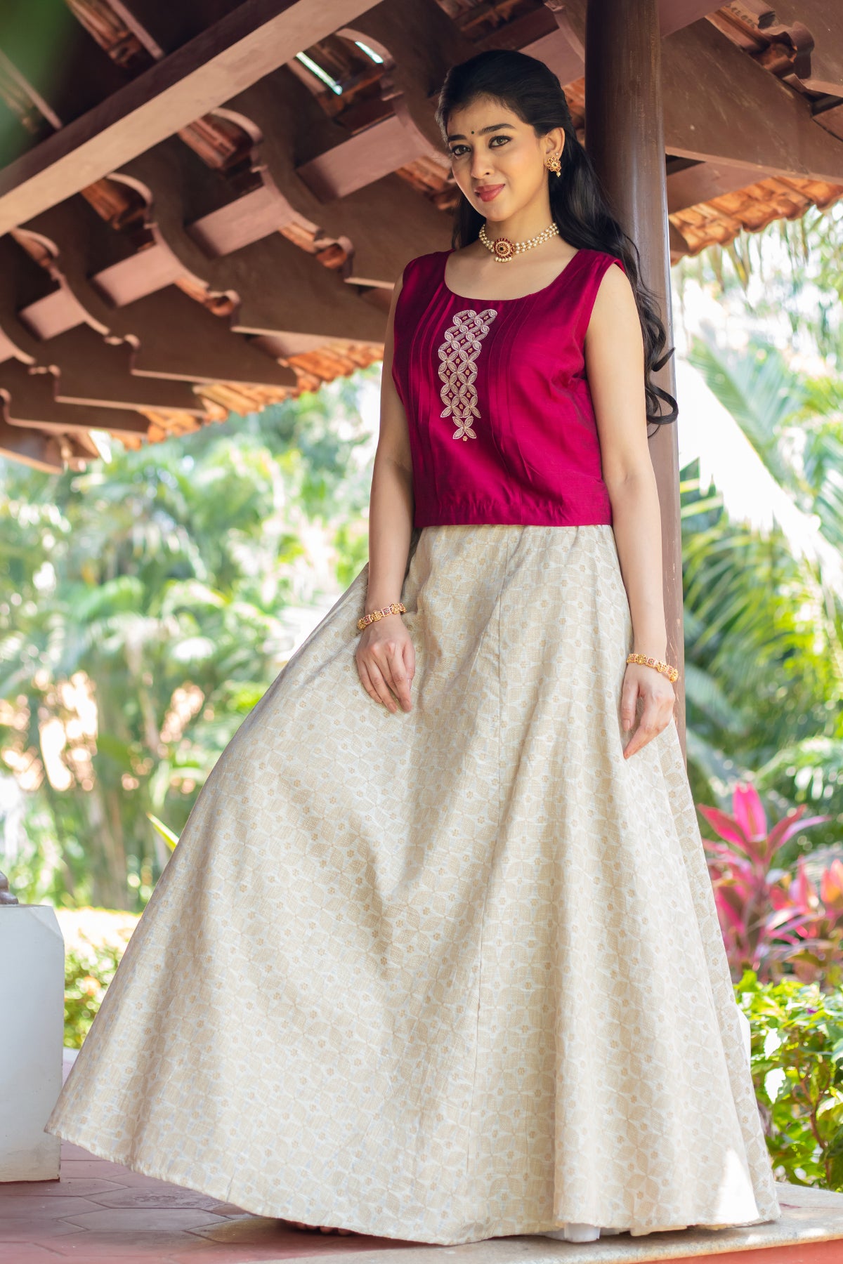 Geometric Embroidered Crop Top & Printed Skirt Set - Magenta & Off-White