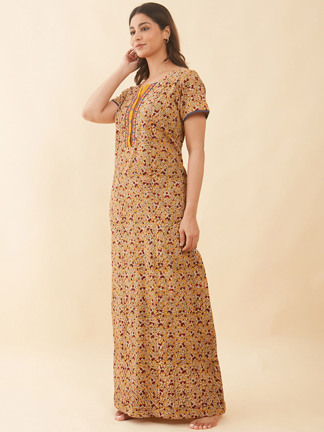 Kalamkari Printed With Floral Embroidered Nighty - Yellow