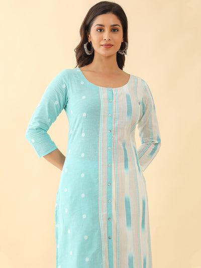 All Over Dobby Weave With Stripes Kurta - Blue
