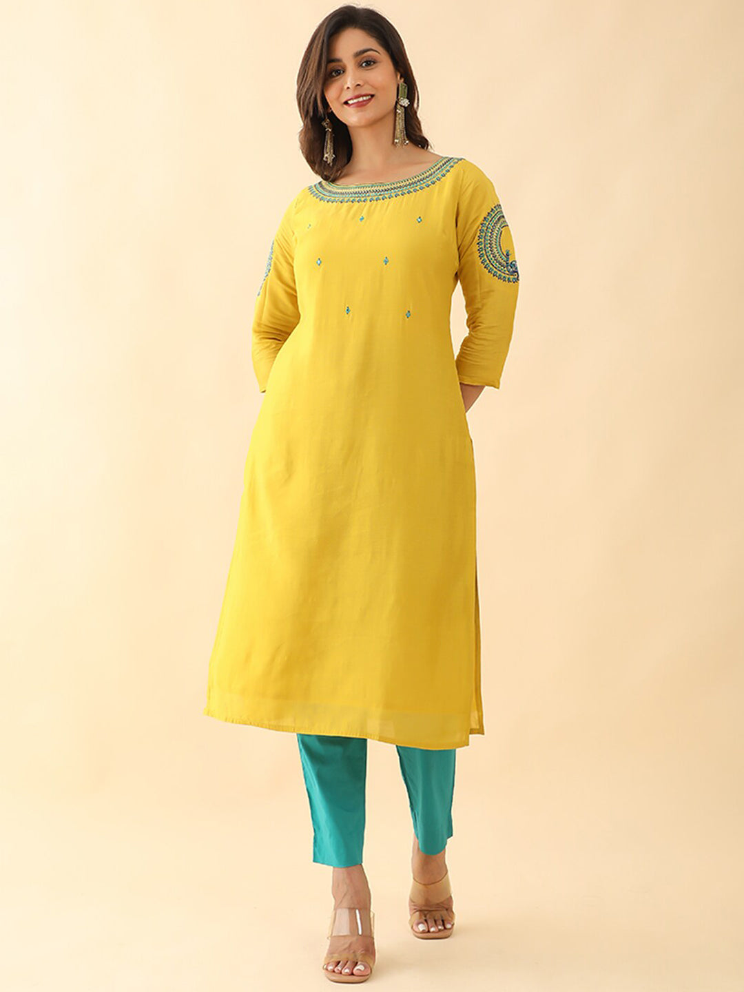 Geometric Motif Embroidery With Foil Mirror Butta Embellished Kurta Yellow