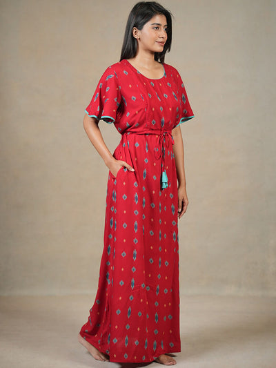 Allover Ikkat Printed Nighty - Red