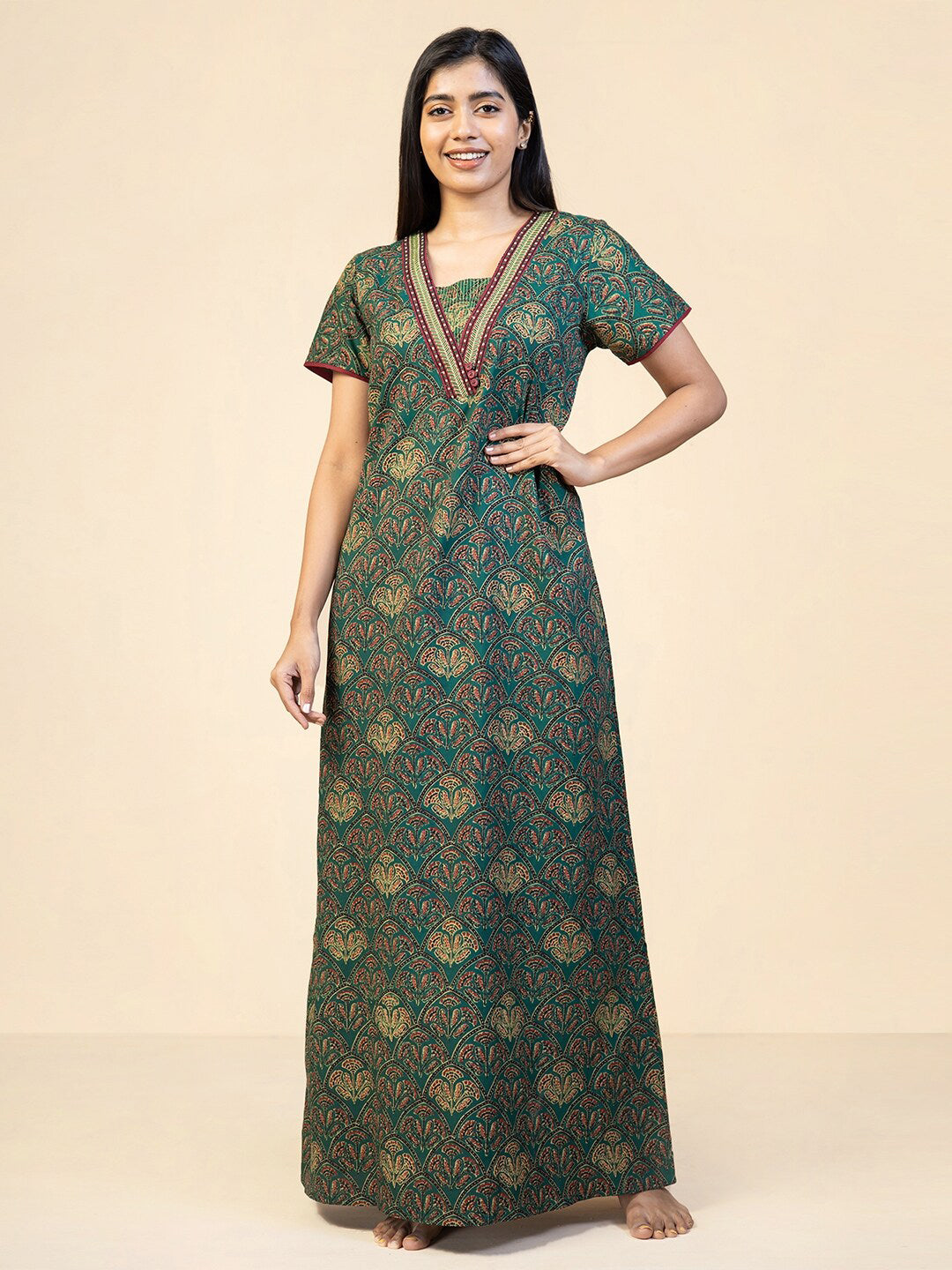 All Over Ajrak Printed With Yoke Embroidered Nighty - Green