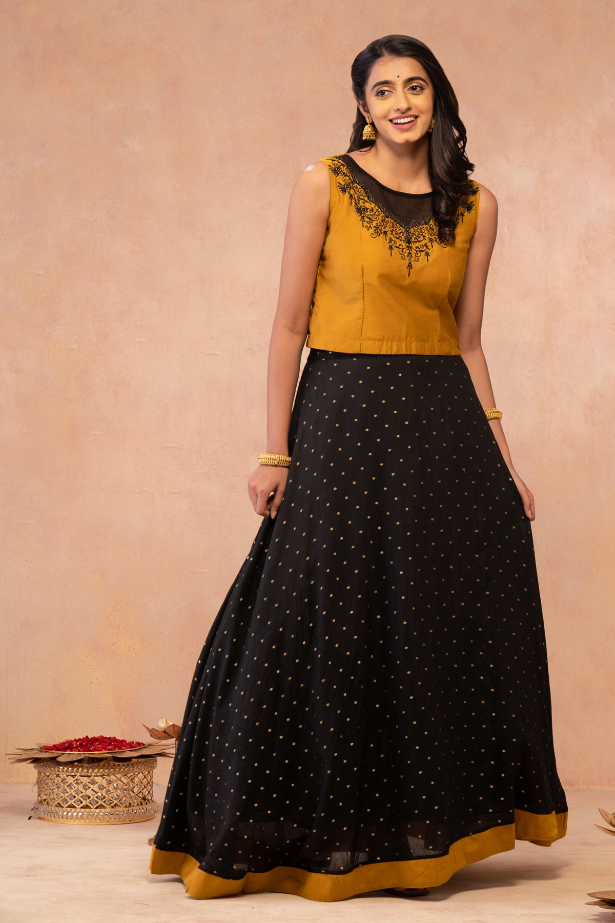 Contrast Vintage Floral With Foil Mirror Crop Top & All Over Butta Skirt Set - Mustard & Black