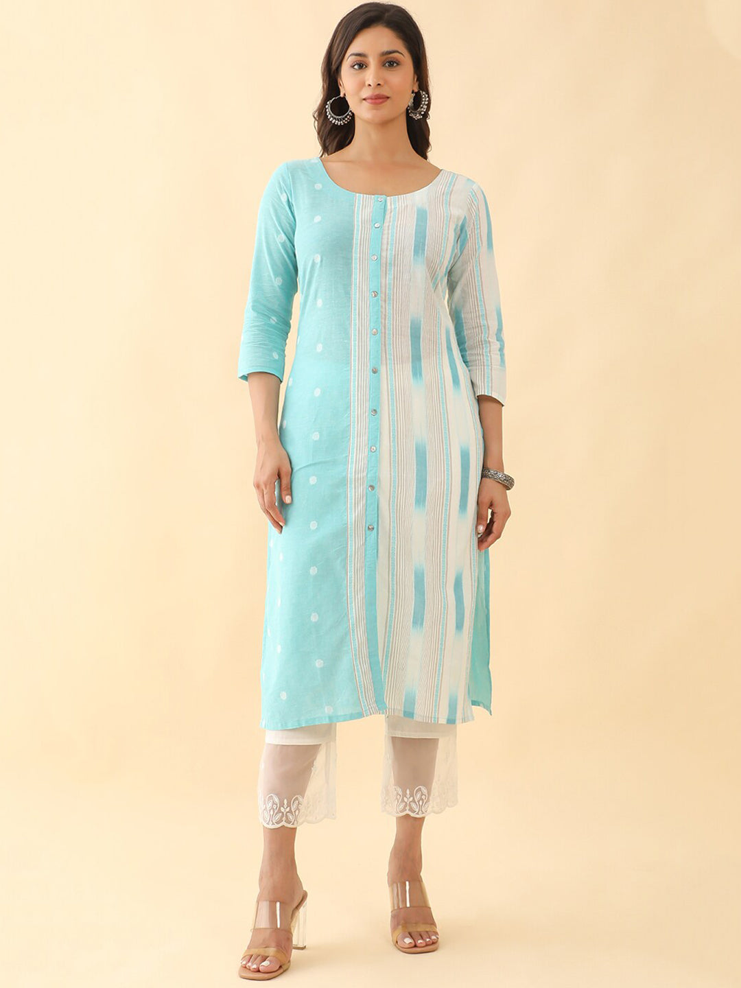 All Over Dobby Weave With Stripes Kurta Blue