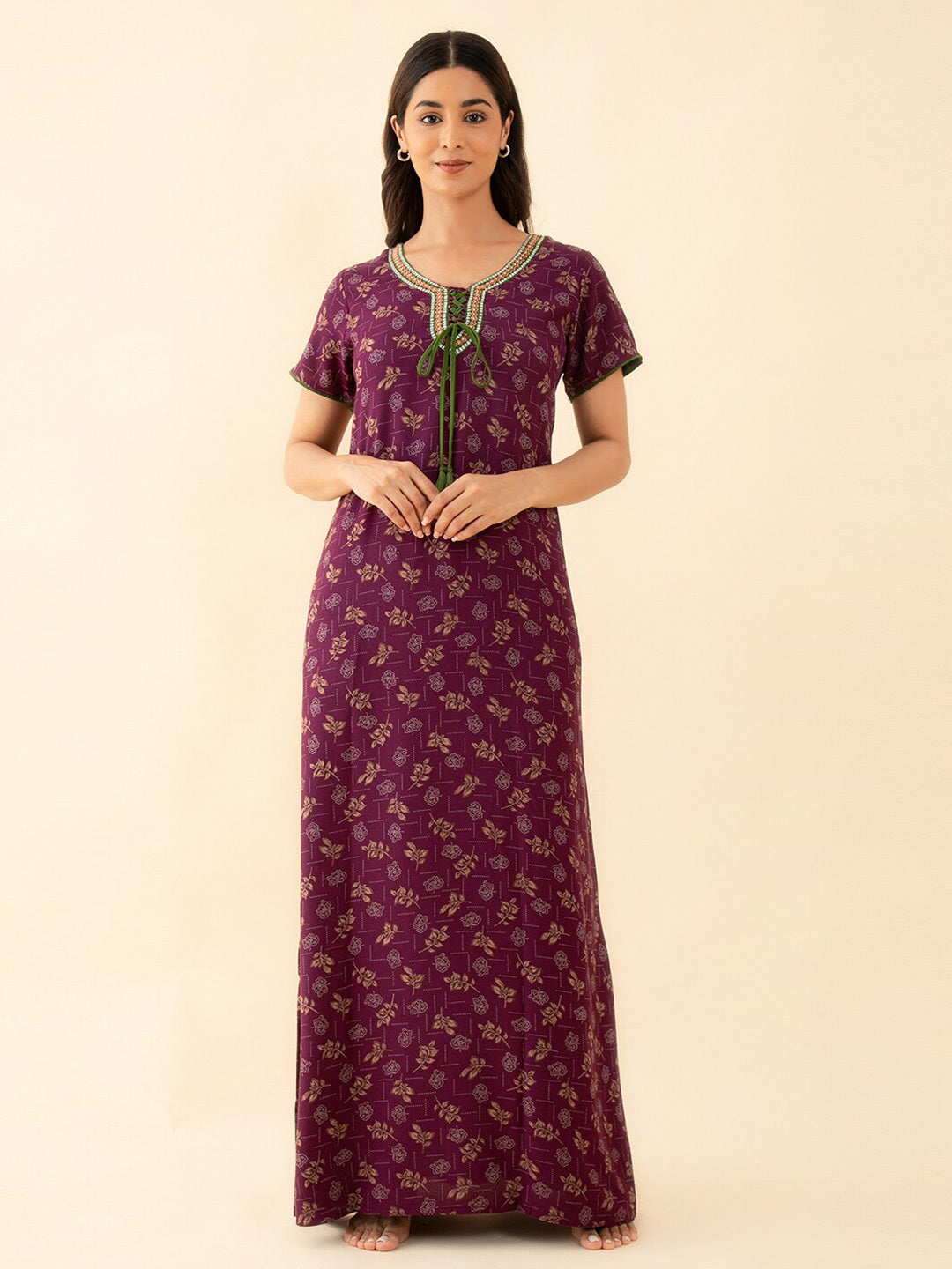 All Over Floral Print With Embroidered Yoke Nighty - Purple