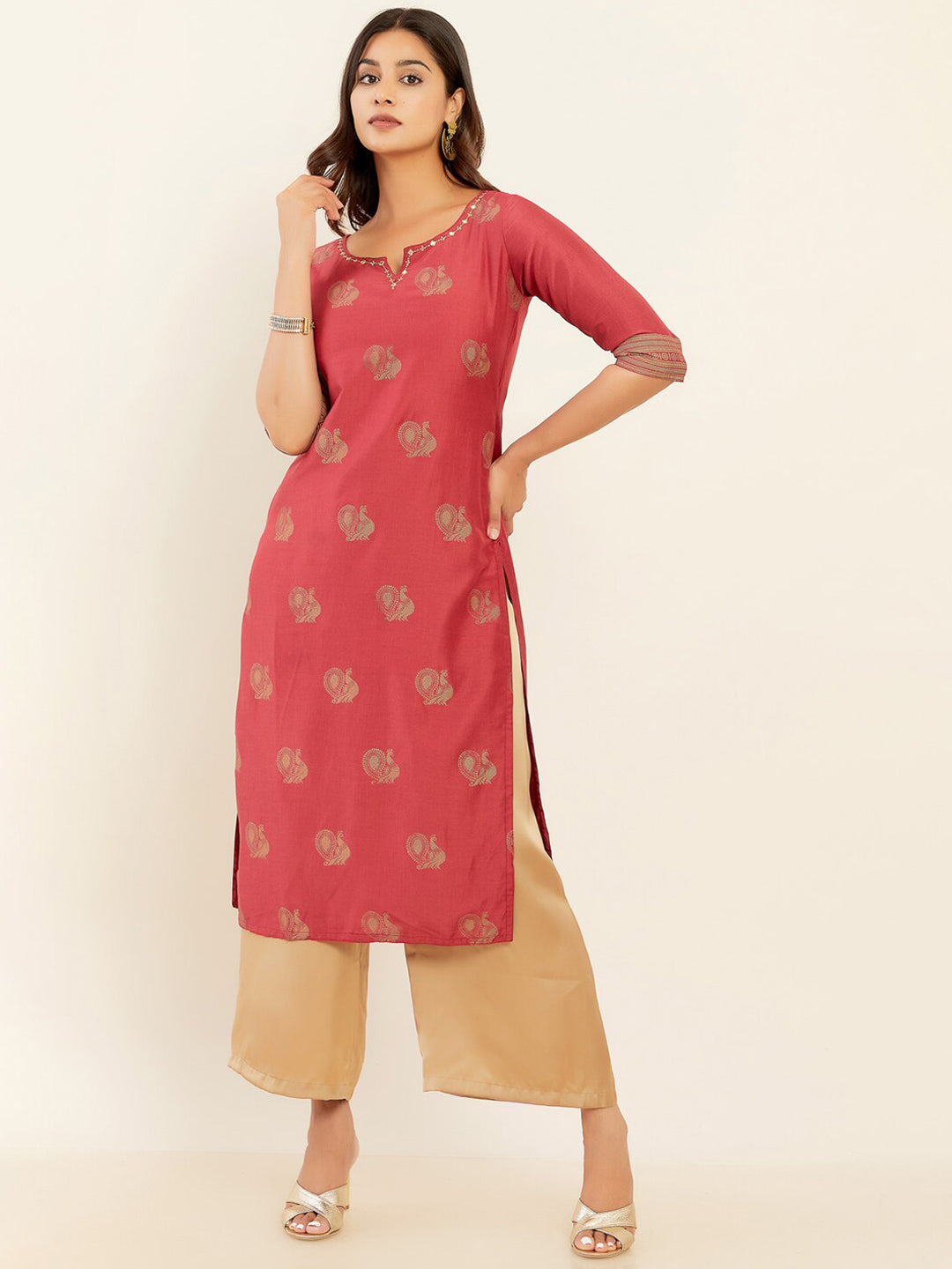 All Over Annam Printed With Embellished Foil Mirror Work Neckline Kurta - Pink