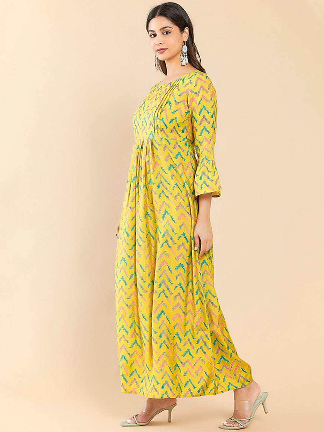 Contract Chevron Printed Foil Mirror Embellished A Line Kurta Yellow