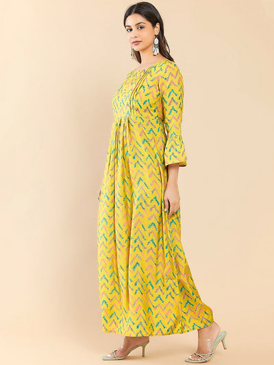 Contract Chevron Printed & Foil Mirror Embellished A-Line Kurta -  Yellow