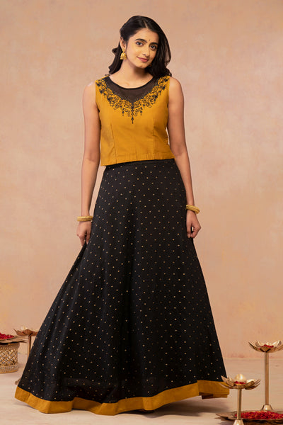 Contrast Vintage Floral With Foil Mirror Crop Top & All Over Butta Skirt Set - Mustard & Black