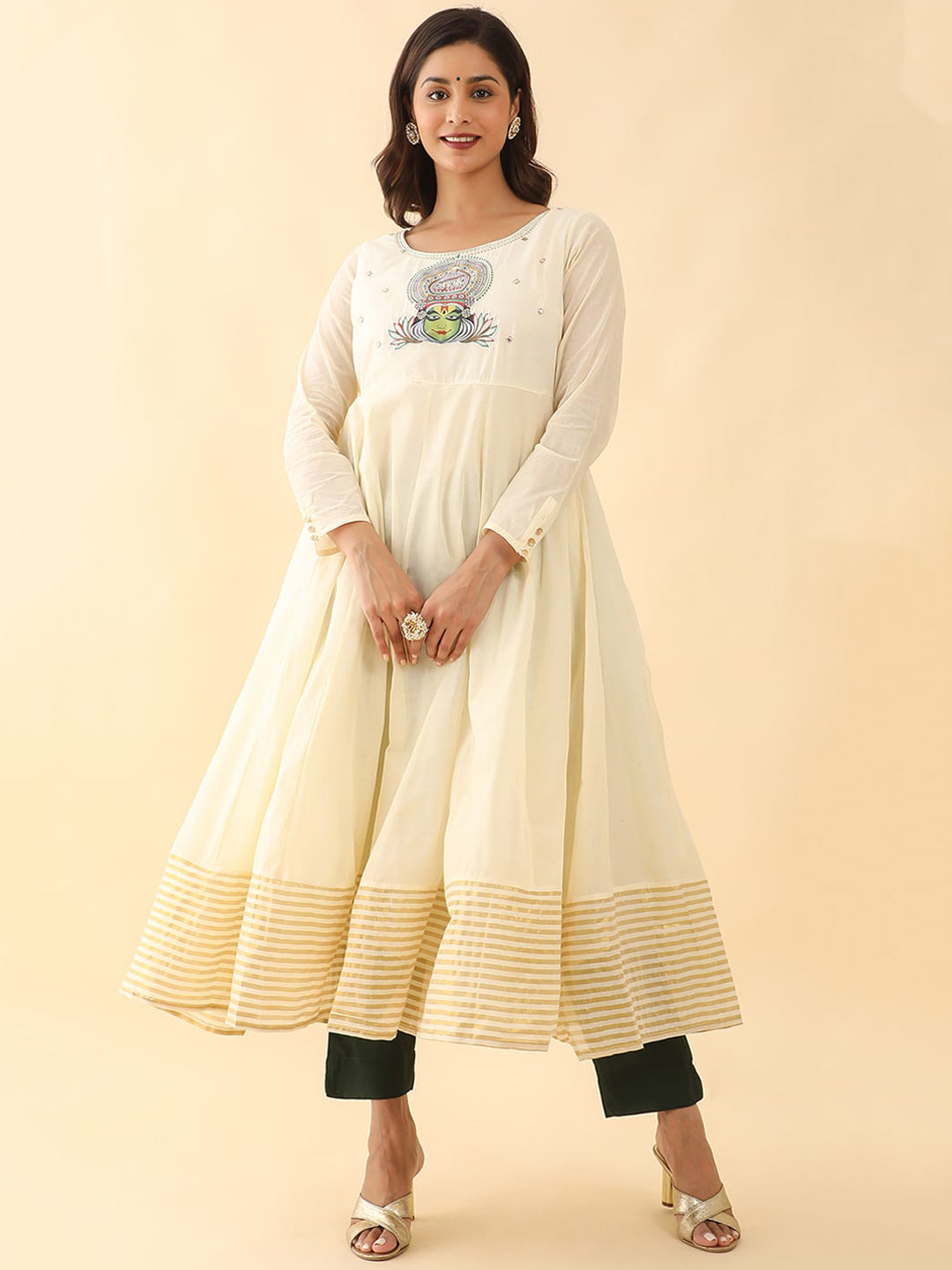 Kathakali Motif Applique With Foil Mirror Embellished A-line Kurta - Off White