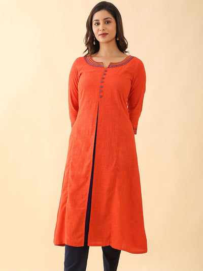 Jewelled Embroidered With Contrast Front Slit Kurta - Orange
