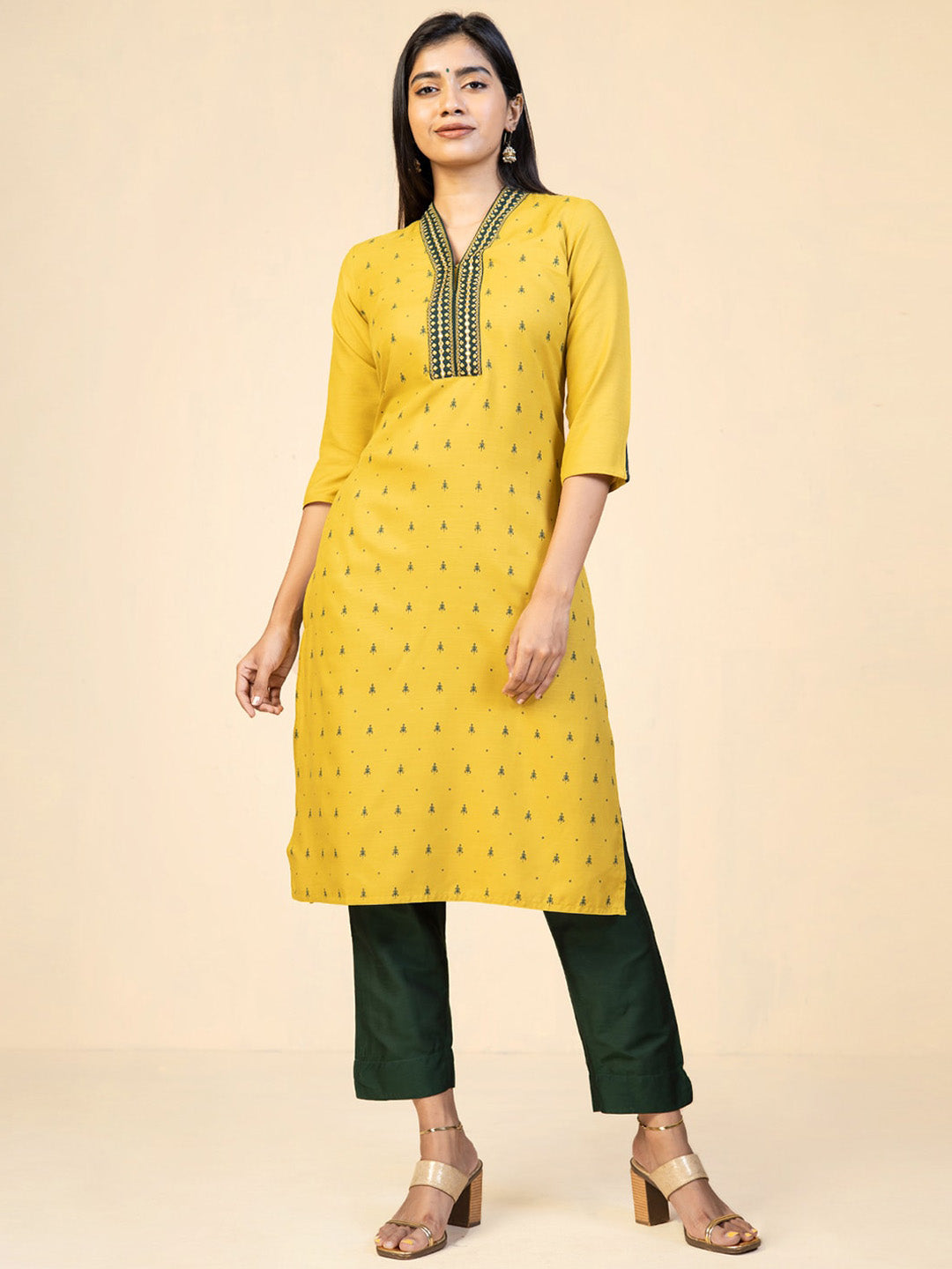 Geometric Motif Embroidered With All Over Butta Printed Kurta Yellow