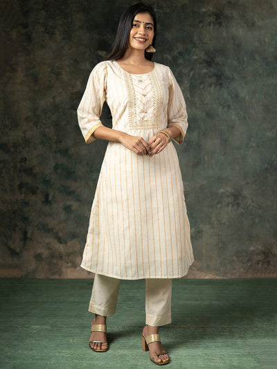 Geometric Motif Embroidered With Gold Striped Kurta Off White