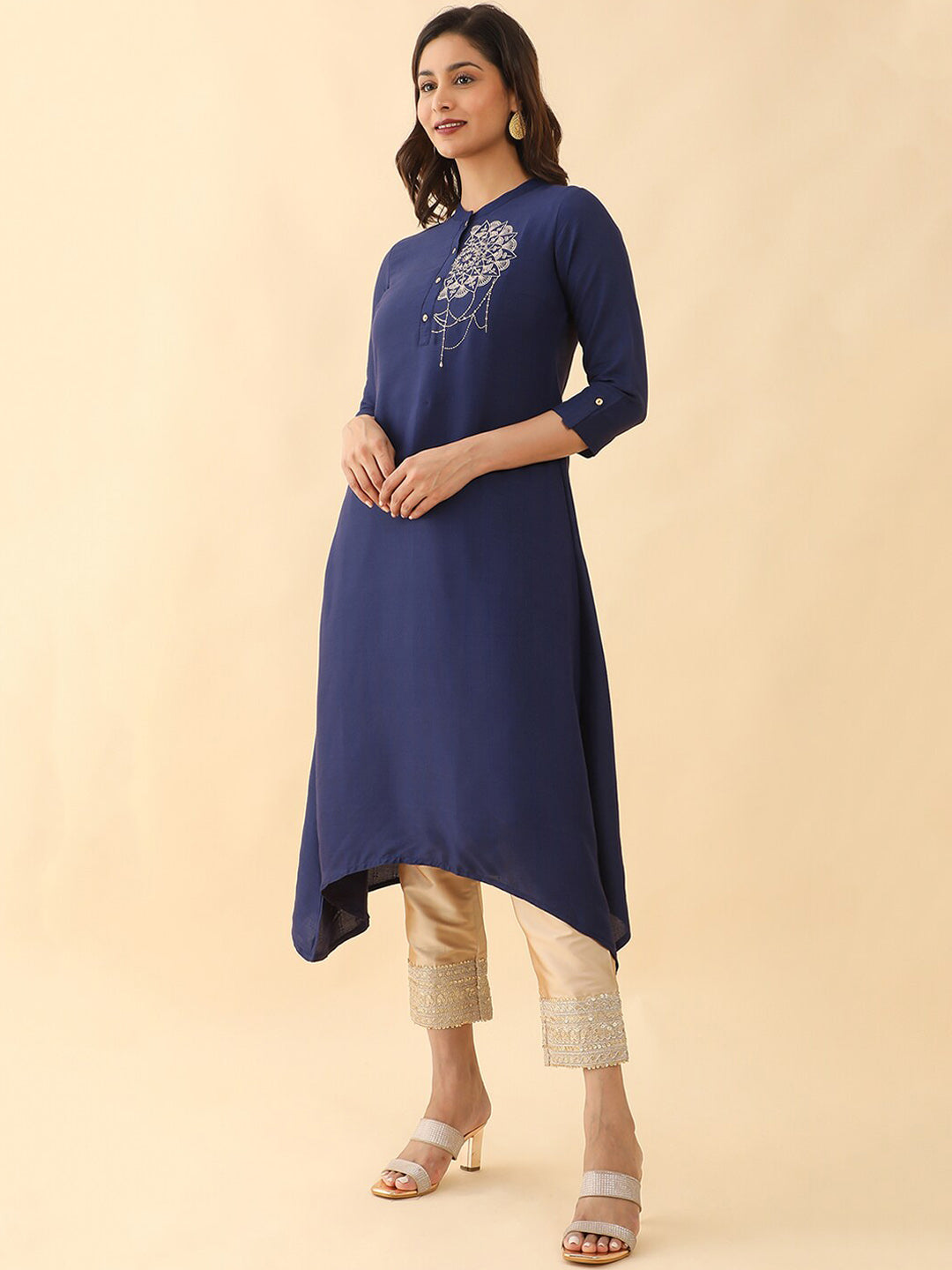 Contemporary Mandala Embroidered Asymmetrical Kurta Blue