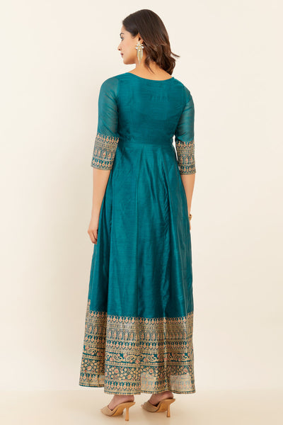 Floral & Paisley Printed With Foil Mirror Work Anarkali - Green