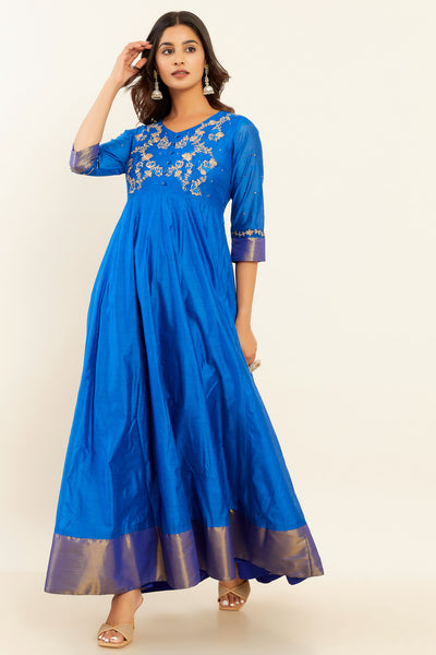 Floral & Paisley Printed With Foil Mirror Work Anarkali - Blue
