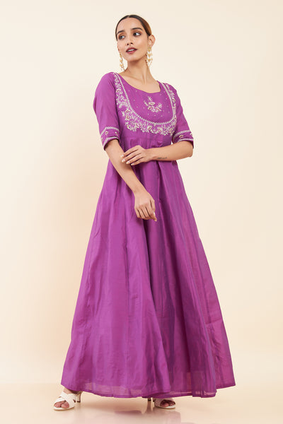 Classic Floral Embroidered Anarkali - Purple