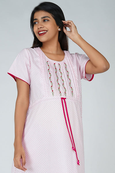 Minimal Embroidered & Dotted Short Nighty - Pink
