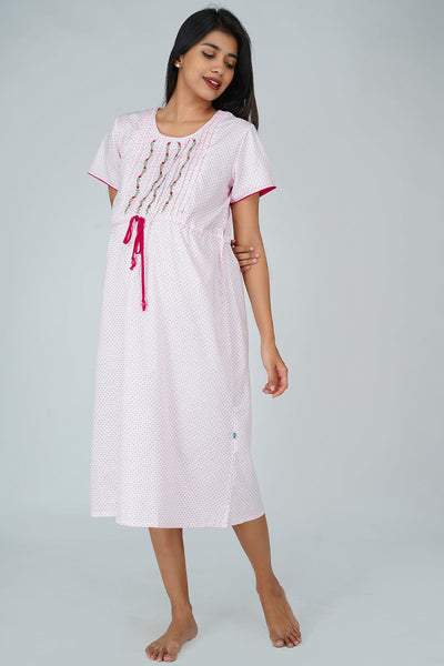 Minimal Embroidered & Dotted Short Nighty - Pink