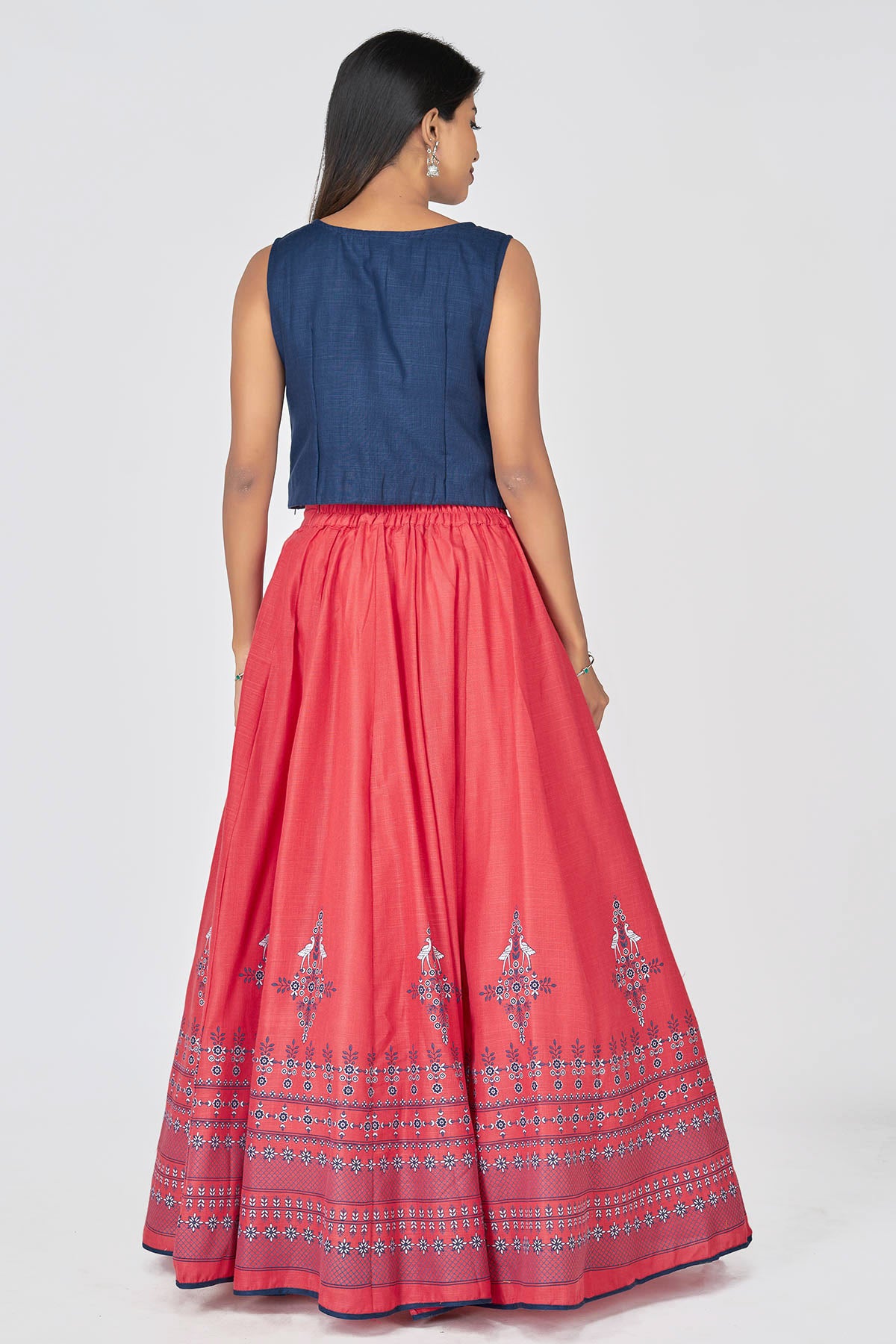 Floral Printed Women's Crop Top & Skirt Set - Navy blue & Coral