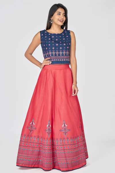 Floral Printed Women's Crop Top & Skirt Set - Navy blue & Coral