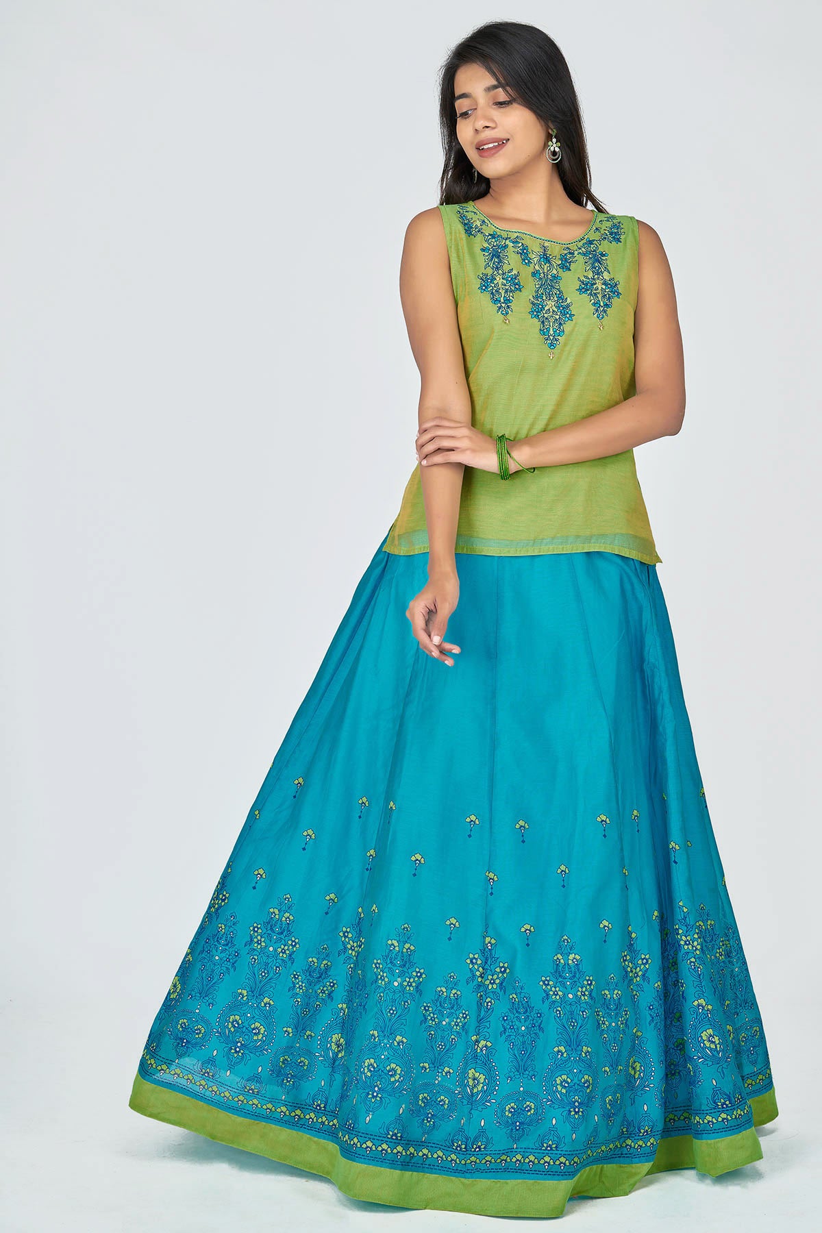 Floral & Zari Embroidered Women's Skirt Set - Green & BlueV