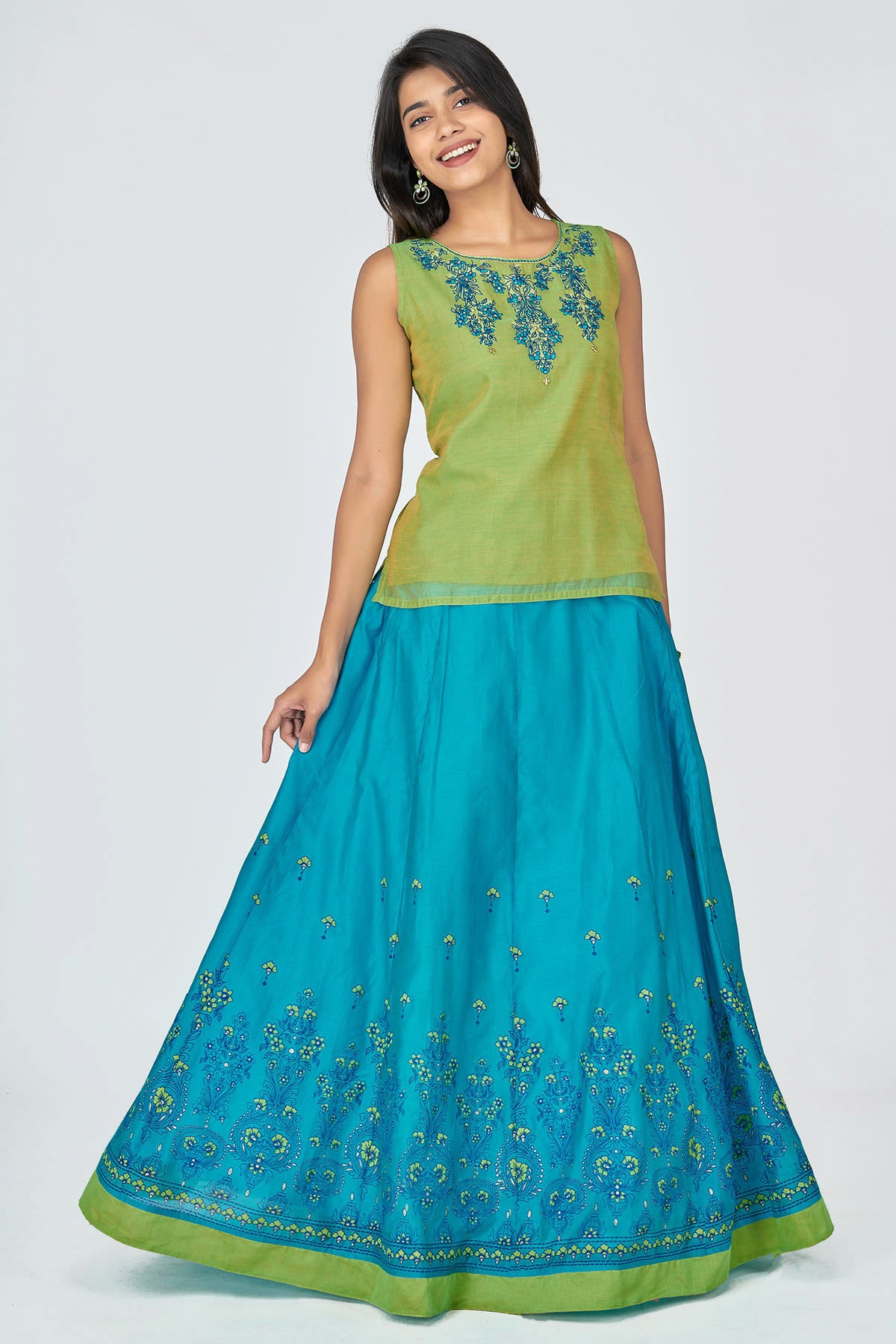 Floral & Zari Embroidered Women's Skirt Set - Green & Blue