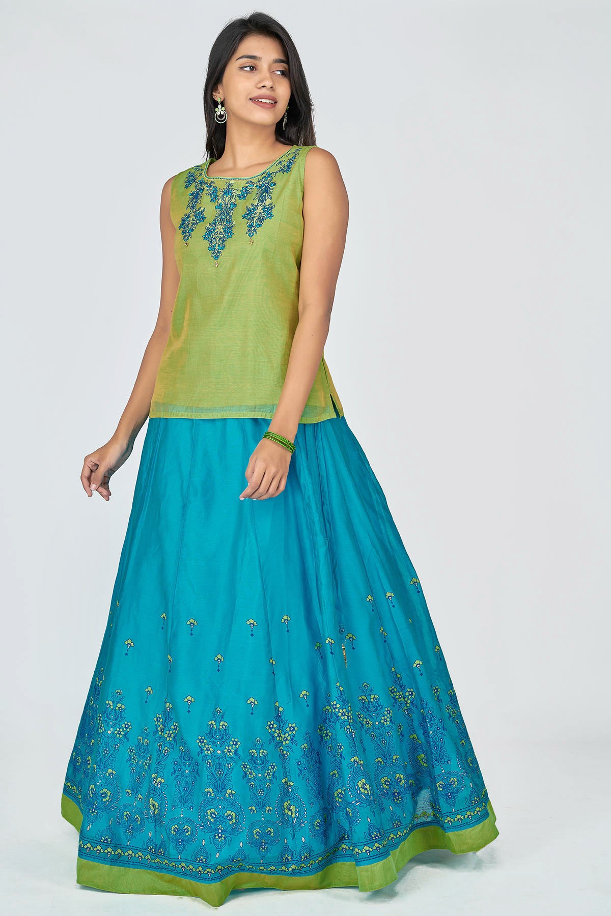 Floral & Zari Embroidered Women's Skirt Set - Green & Blue