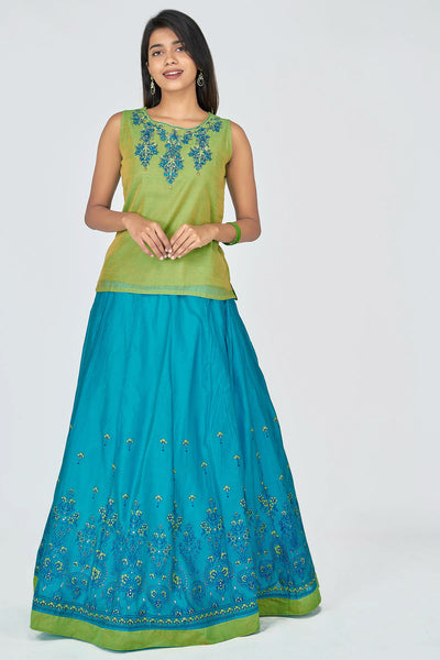 Floral & Zari Embroidered Women's Skirt Set - Green & Blue & Blue