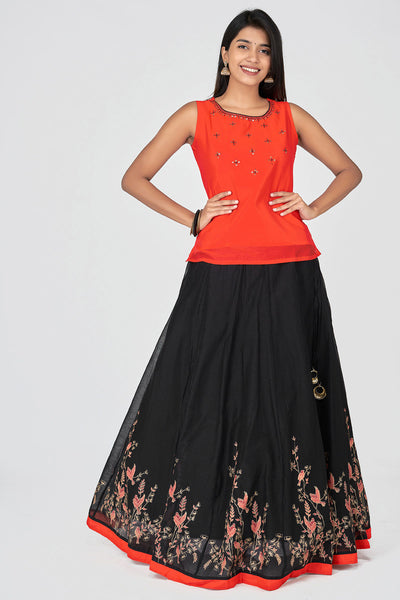 Flying Birds Printed Skirt with Antique Sequins Embellished Women's Top - Orange & Black