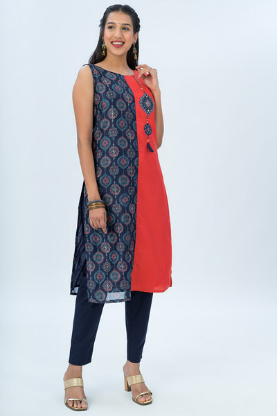 Products Ajrakh print and embroidered dress - Orange - MAYBELL FASHION