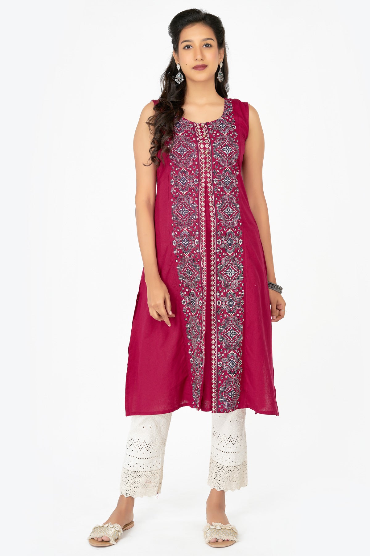 Contrast Geometric Printed Sleeveless Kurta - Pink