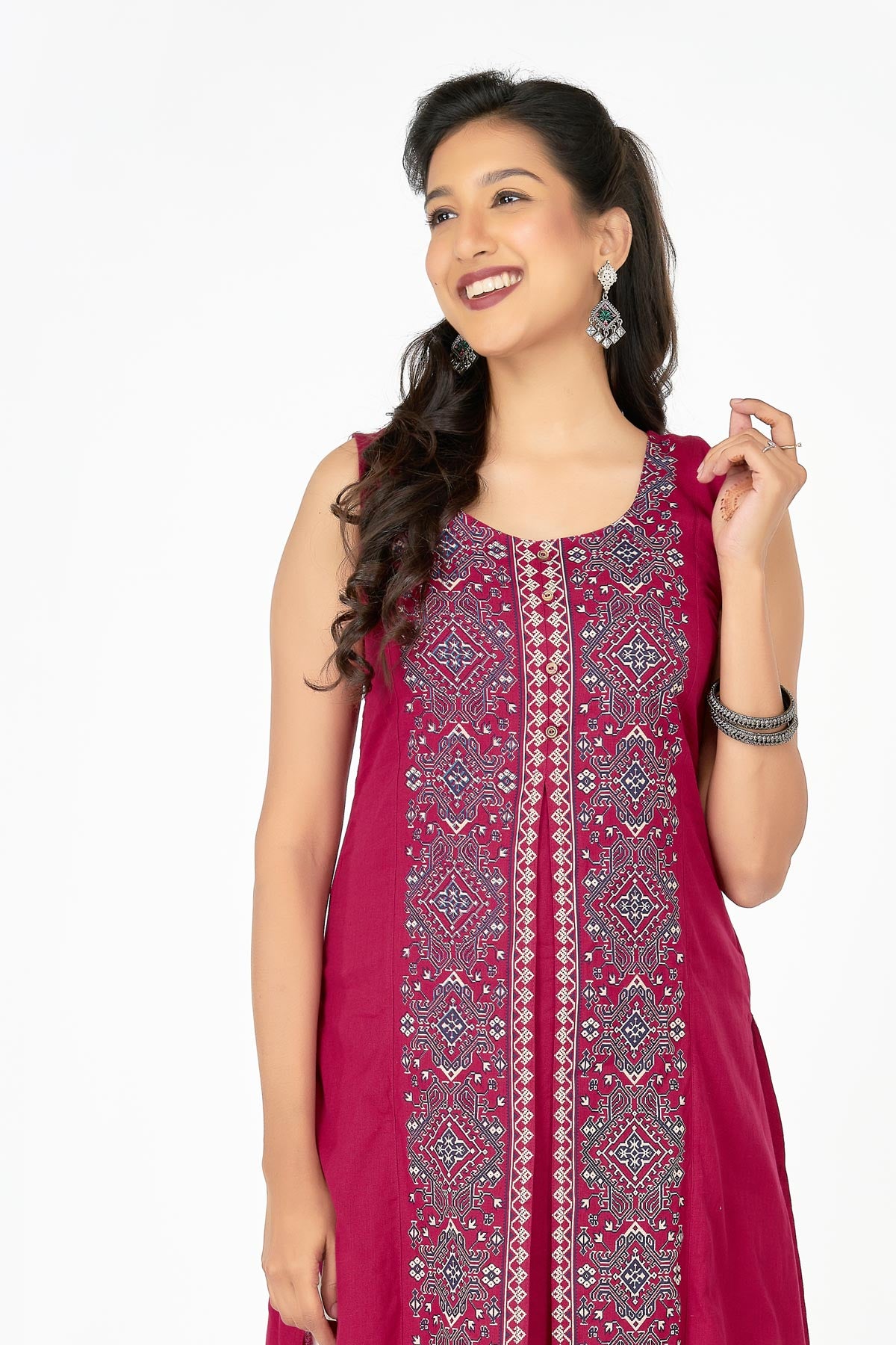 Contrast Geometric Printed Sleeveless Kurta - Pink