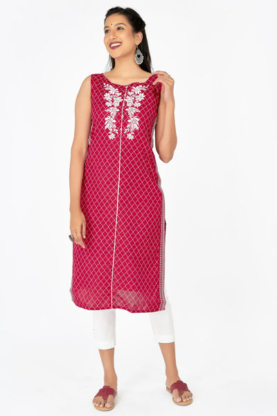 All Over Geometric Printed With Floral Embroidered Kurta - Red