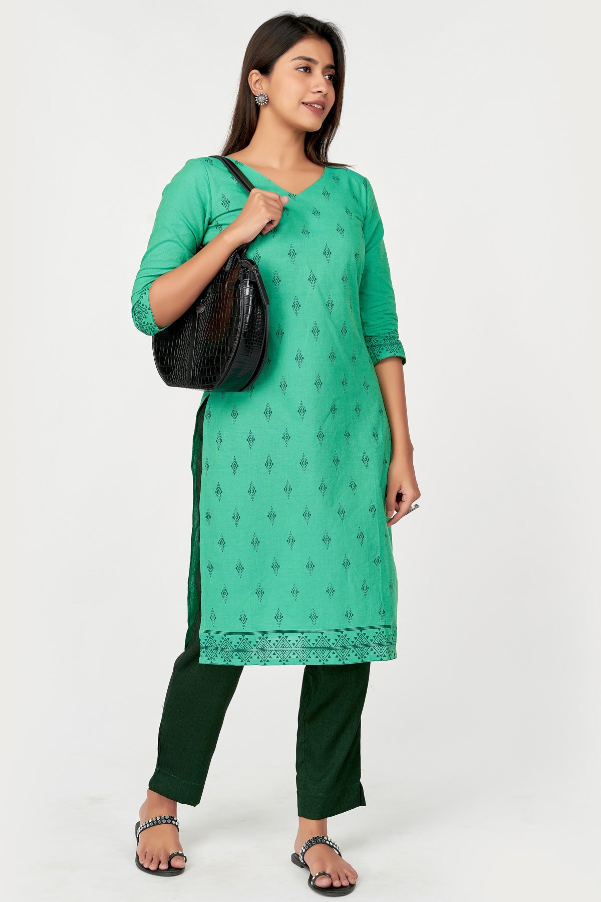 All Over Abstract Geometric  & Tribal Printed Women's Kurta - Green