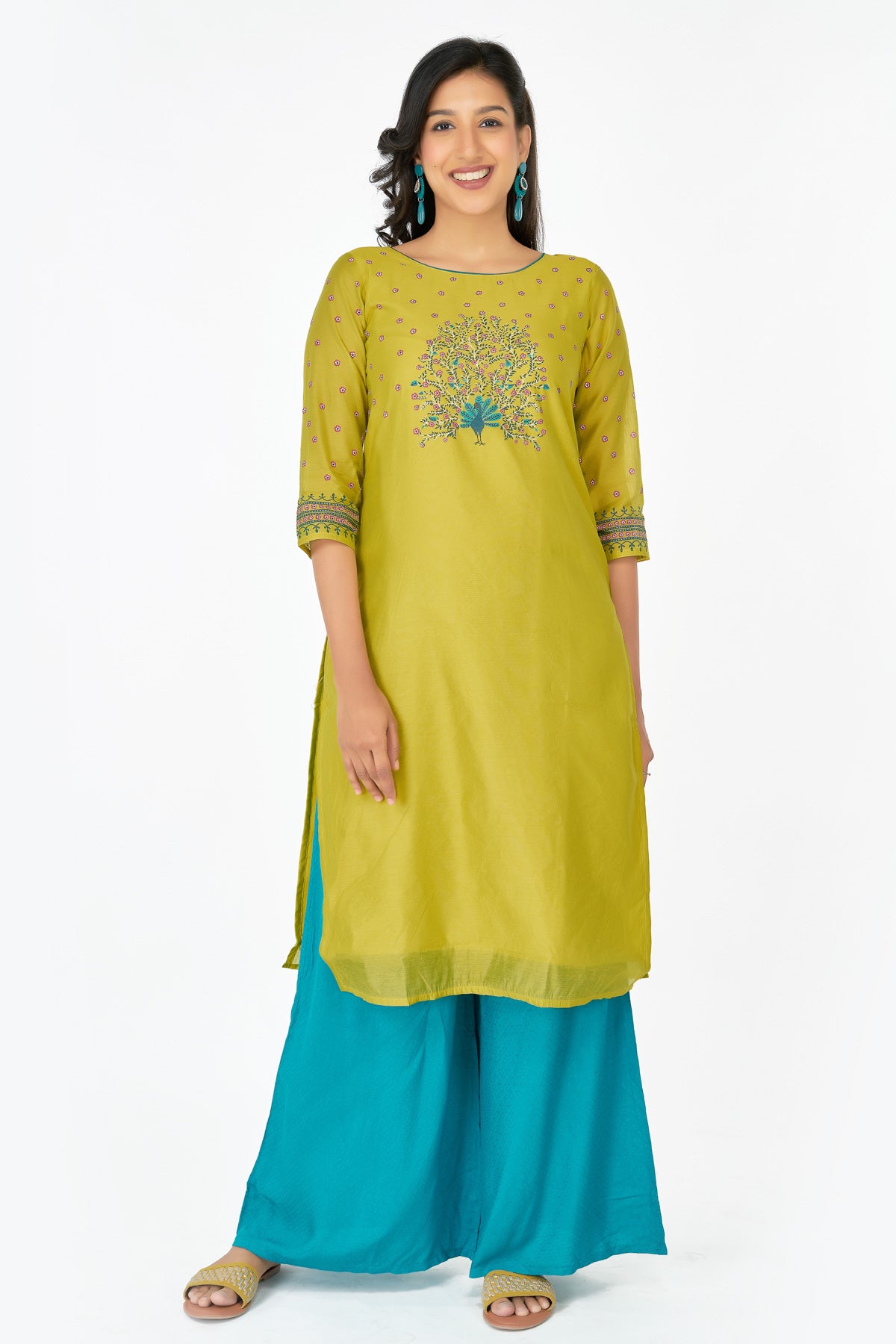 Floral Butta Printed With Peacock Placement Kurta - Yellow