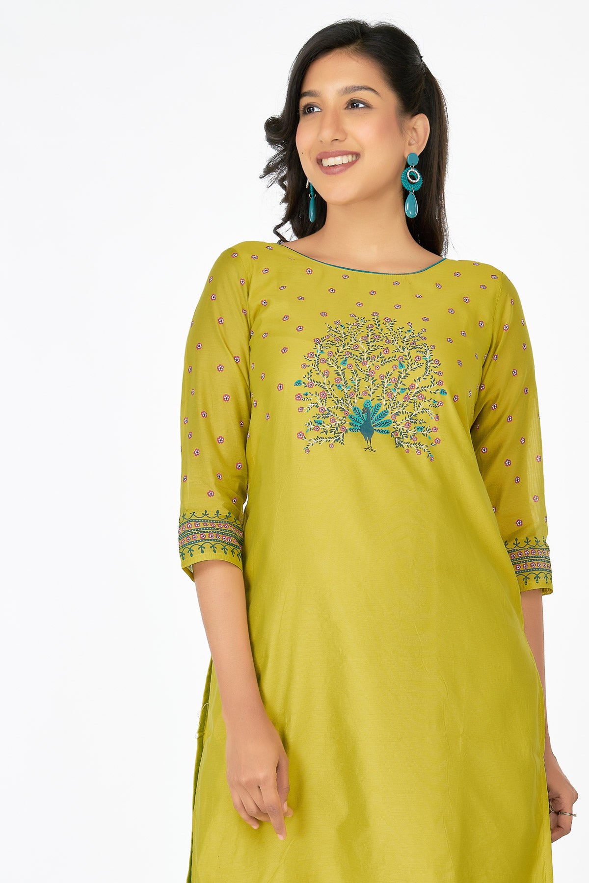 Floral Butta Printed With Peacock Placement Kurta - Yellow