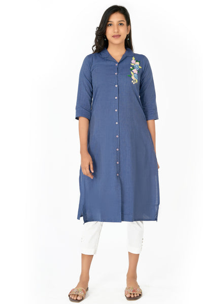 Collar Neck With Floral Embroidery Placement Kurta - Blue