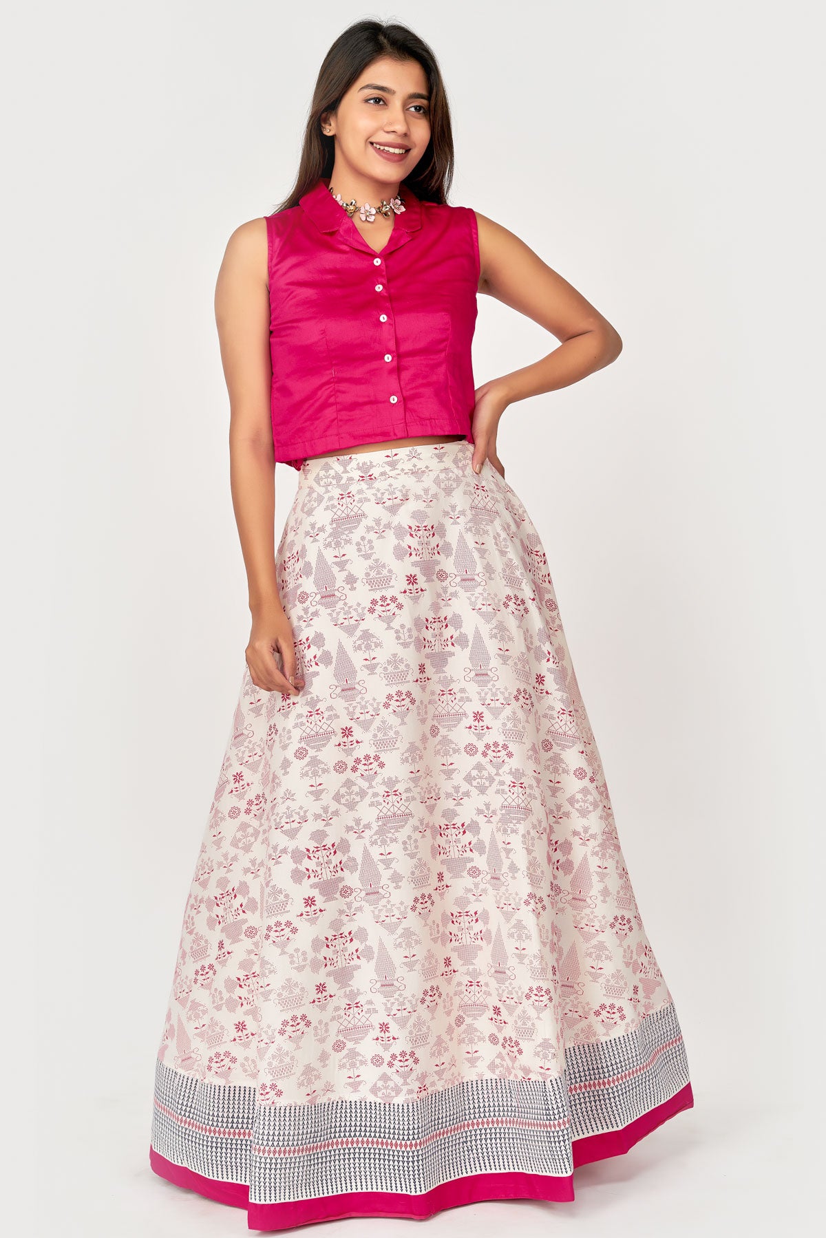 Solid Collar Shirt Style Crop Top & Skirt Set - Pink
