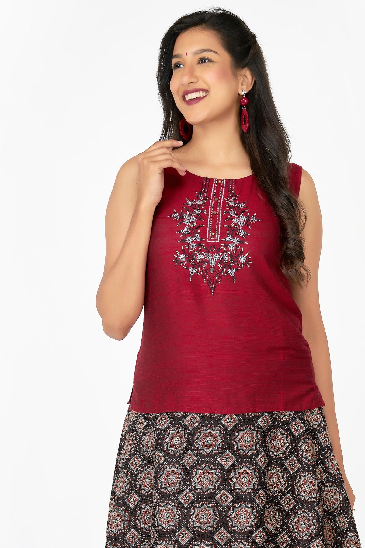 Floral Embroidered Placement Top & All Over Printed Skirt Set - Maroon