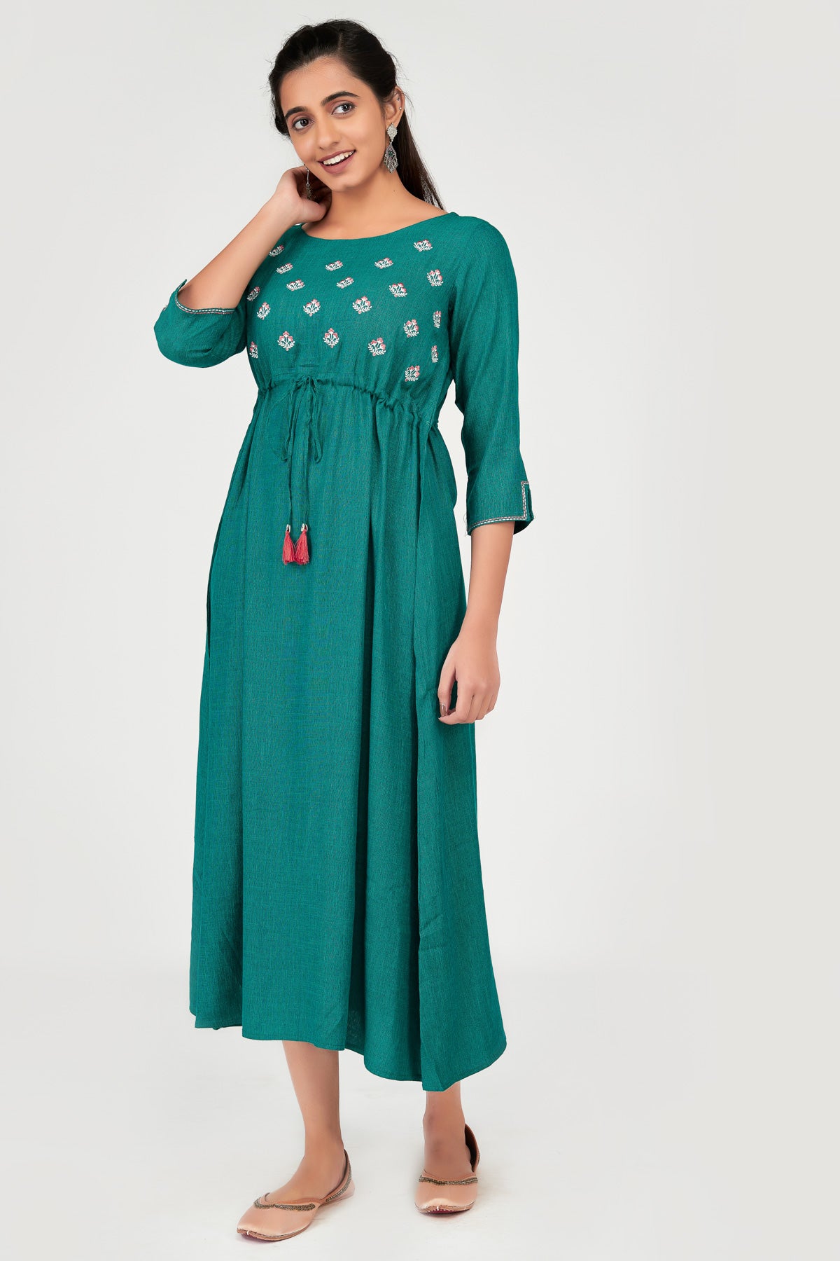 Minimal Floral Embroidered Tie-Waist Women's Dress - Green