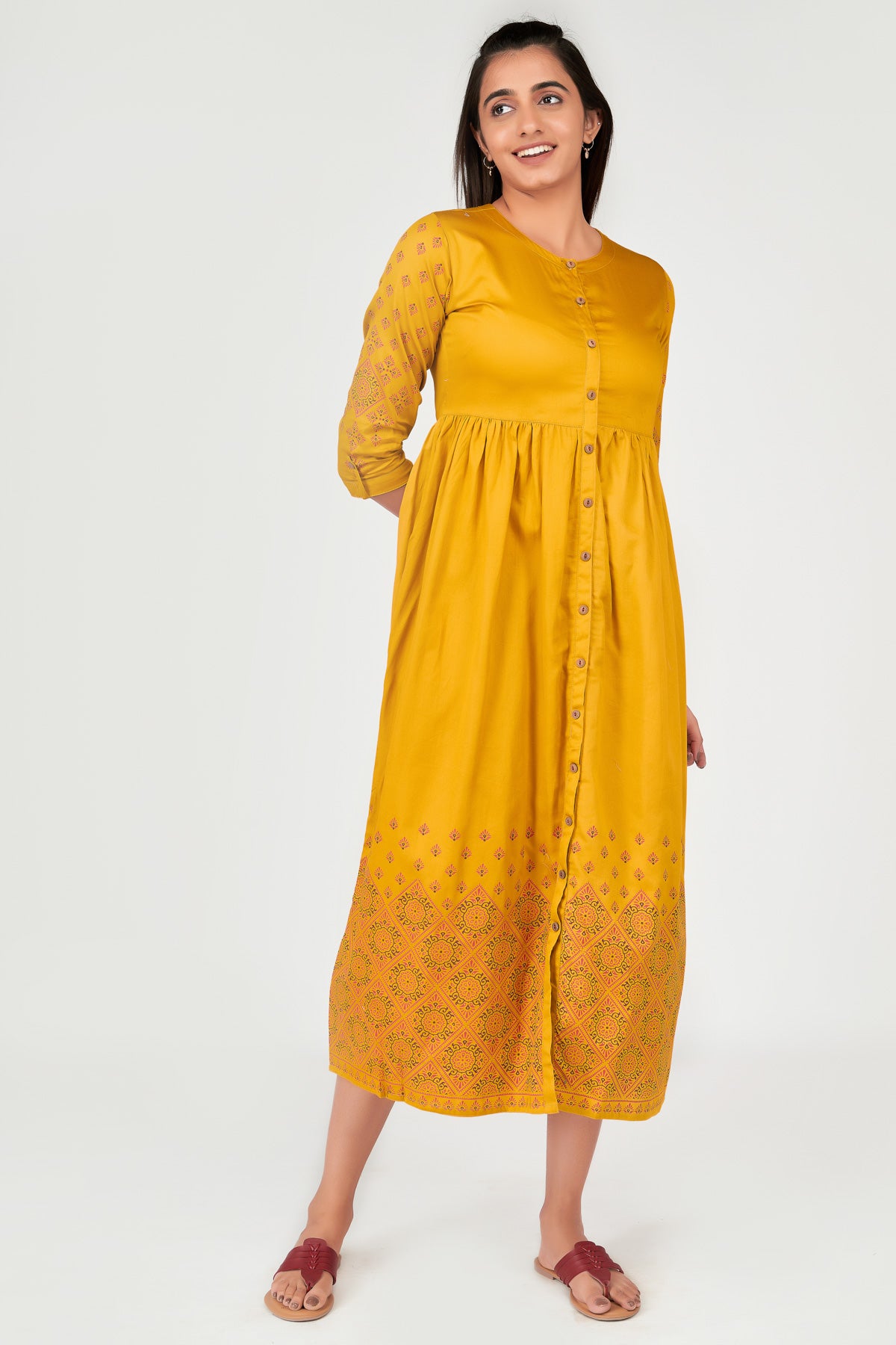 Ethnic Motif Printed Gathered Flare Women's Dress - Yellow