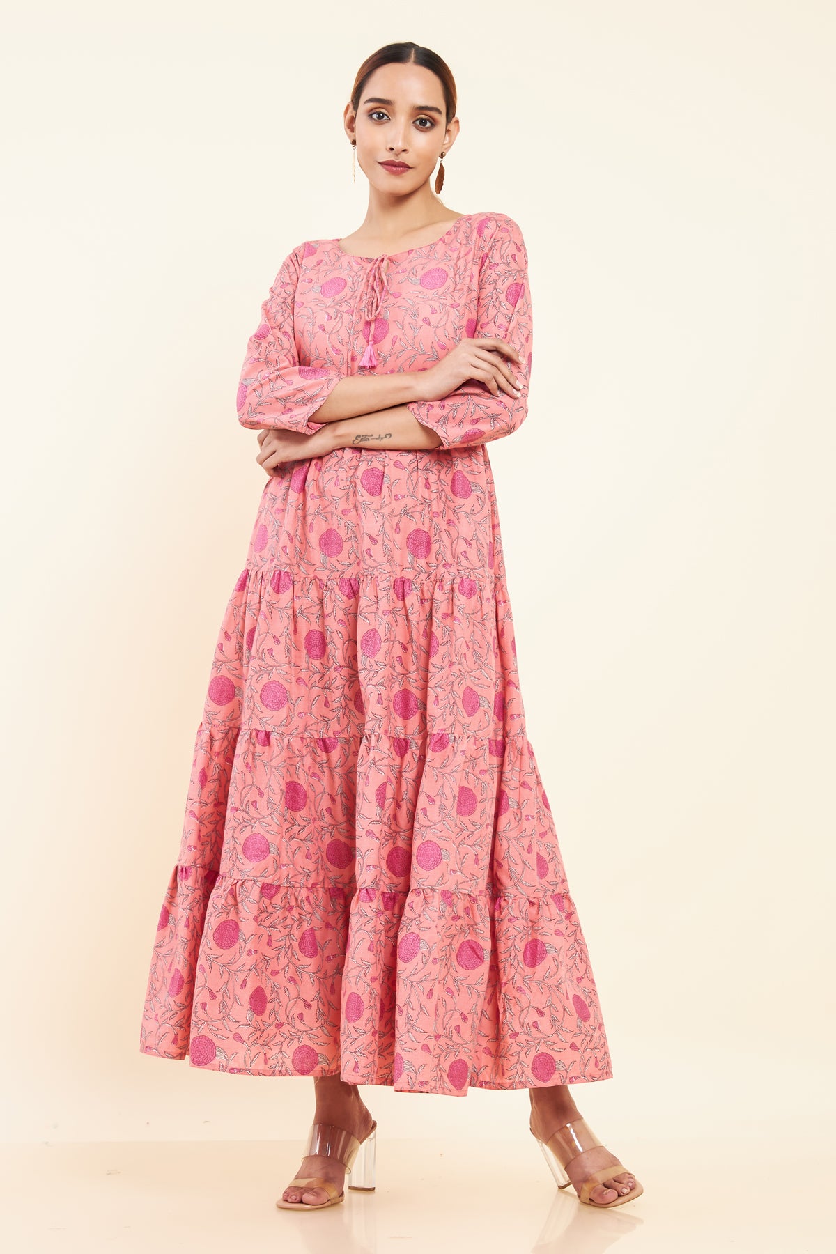 All Over Floral Printed Tiered A- Line Kurta - Pink