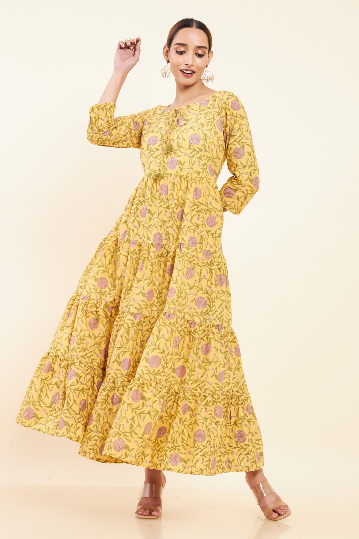 All Over Floral Printed Tiered A- Line Kurta - Yellow