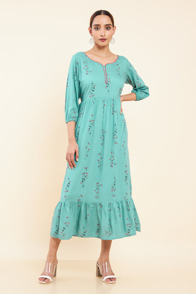 All Over Floral Printed A- Line Kurta - Blue